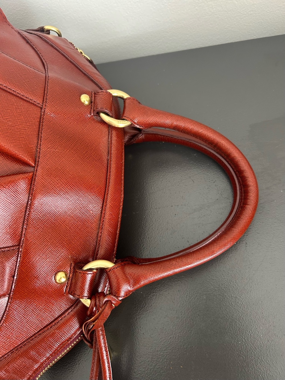 Brahmin Cognac Leather Satchel Top Handle Crossbody Shoulder Bag Tassel Purse - Picture 9 of 12